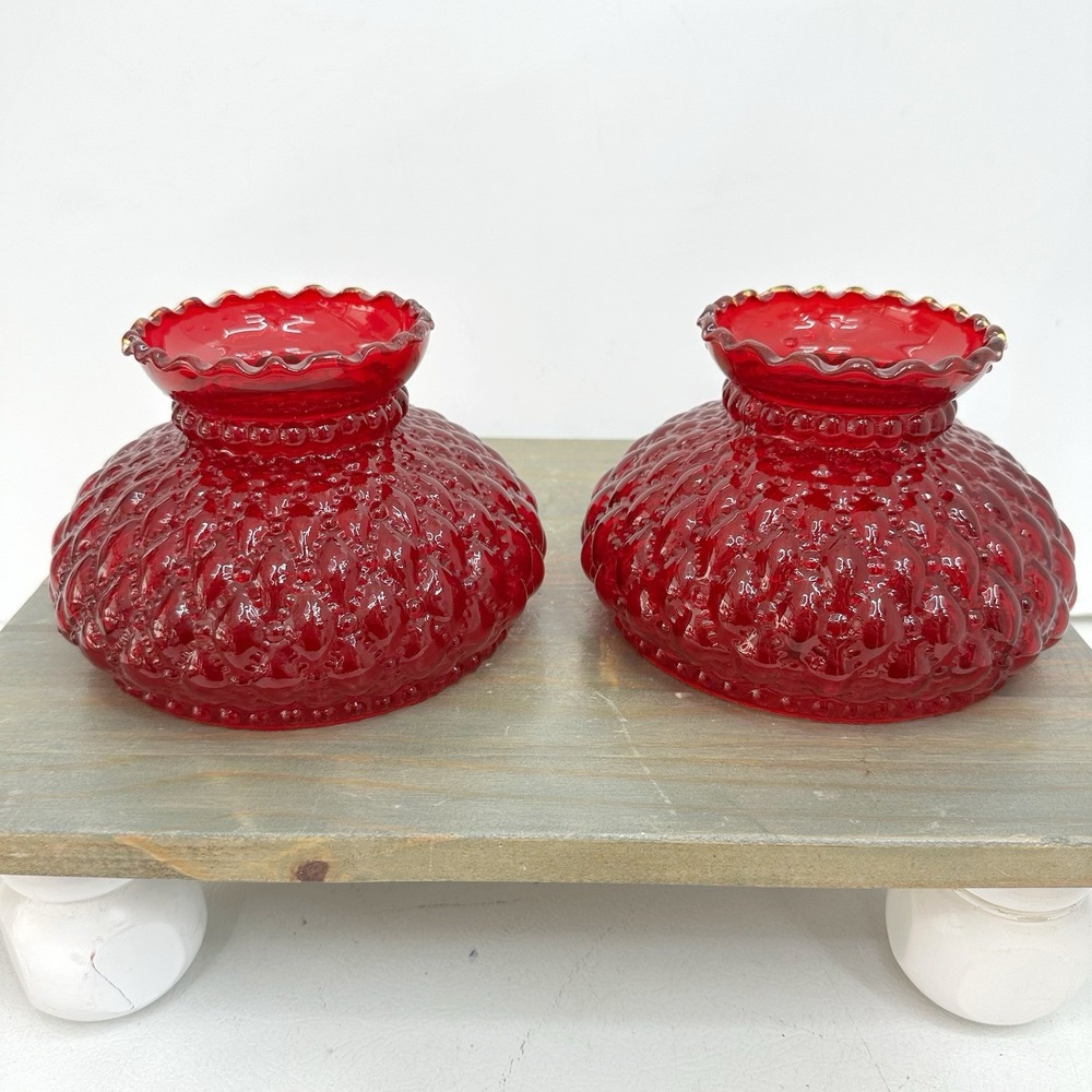 Vtg Fenton Ruby Red Glass Lamp Shade Quilted Beaded Ruffled 4.5" H 5.5" Fitter